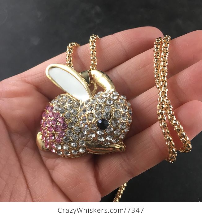 Adorable Pink and White Rhinestone Bunny Rabbit Pendant Necklace - #fGQW6meZ1gI-3