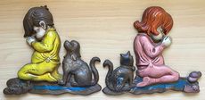 Adorable Vintage Painted Metal Sexton Praying Cat Dog Girl and Boy Wall Plaques Set of 2 #nDW1igqfhx8
