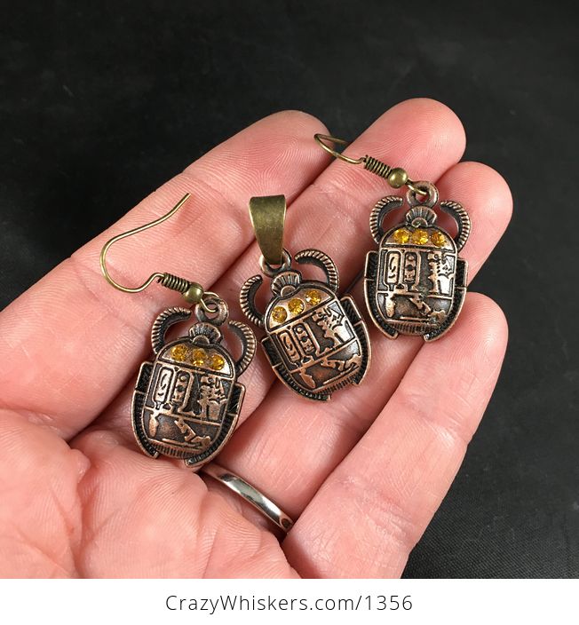 Ancient Egyptian Styled Scarab Beetle Rhinestones Pendant Necklace and Earring Jewelry Set - #IhLRFxzVb64-1