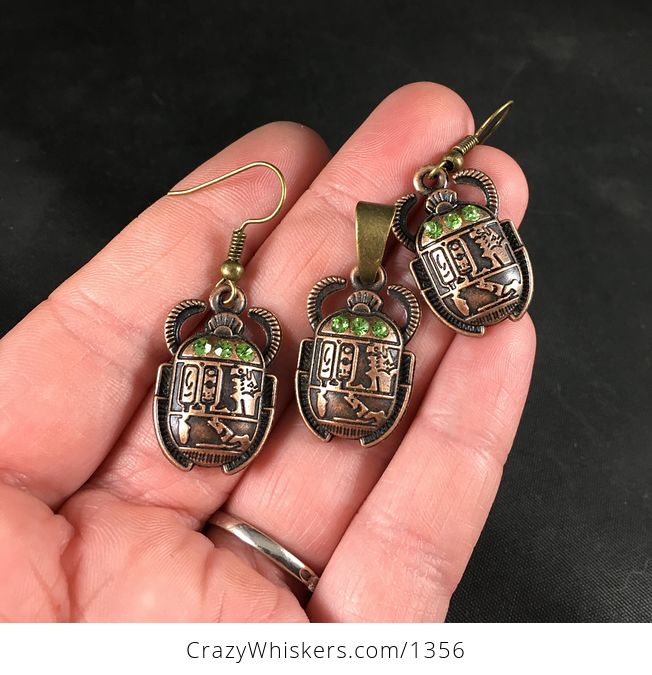 Ancient Egyptian Styled Scarab Beetle Rhinestones Pendant Necklace and Earring Jewelry Set - #IhLRFxzVb64-3