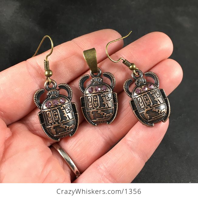 Ancient Egyptian Styled Scarab Beetle Rhinestones Pendant Necklace and Earring Jewelry Set - #IhLRFxzVb64-2
