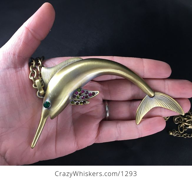 Awesome Huge Jumping Marlin Swordfish Pendant with Moving Tail Fin and Rhinestones - #5dhjiDP9yBA-1