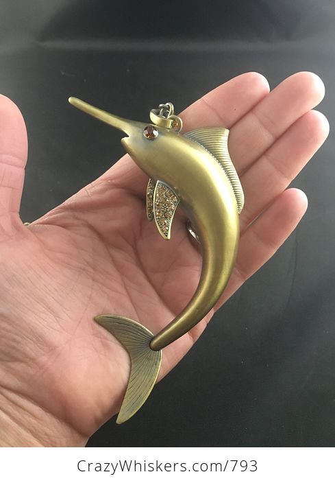 Awesome Large Jumping Marlin Swordfish Pendant with Moving Tail Fin and Rhinestones - #VkdYGONOBWs-1
