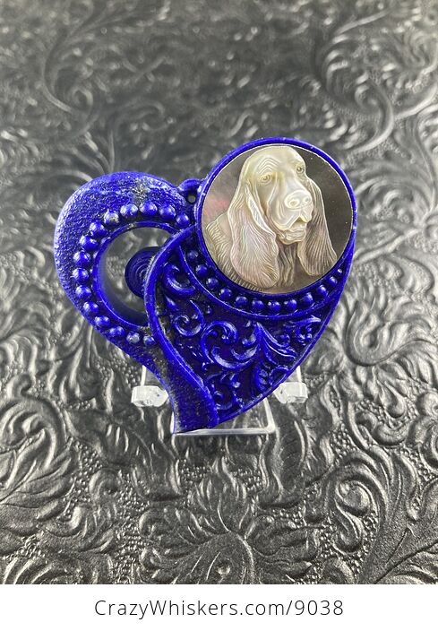 Basset Hound Carved Mother of Pearl Shell and Lapis Lazuli Heart Stone Cabochon Jewelry Mini Art Ornament - #RWaCG3mYUhE-1