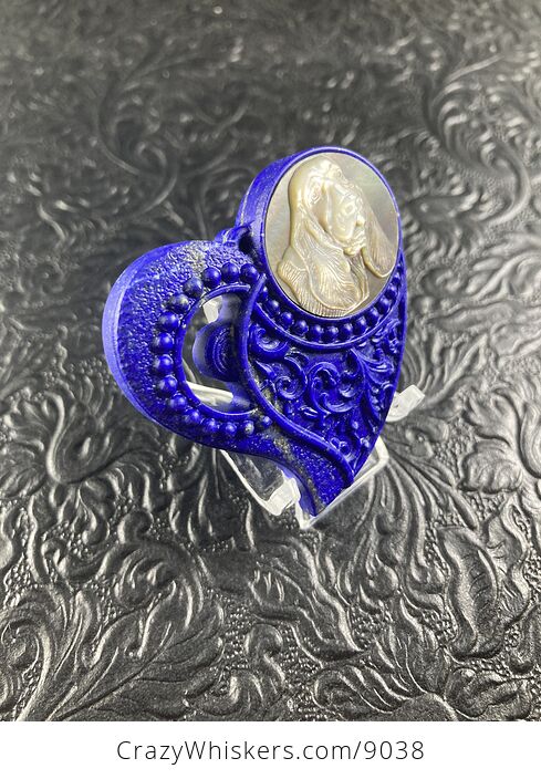 Basset Hound Carved Mother of Pearl Shell and Lapis Lazuli Heart Stone Cabochon Jewelry Mini Art Ornament - #RWaCG3mYUhE-3