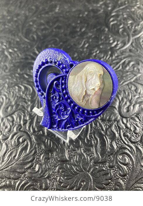 Basset Hound Carved Mother of Pearl Shell and Lapis Lazuli Heart Stone Cabochon Jewelry Mini Art Ornament - #RWaCG3mYUhE-2