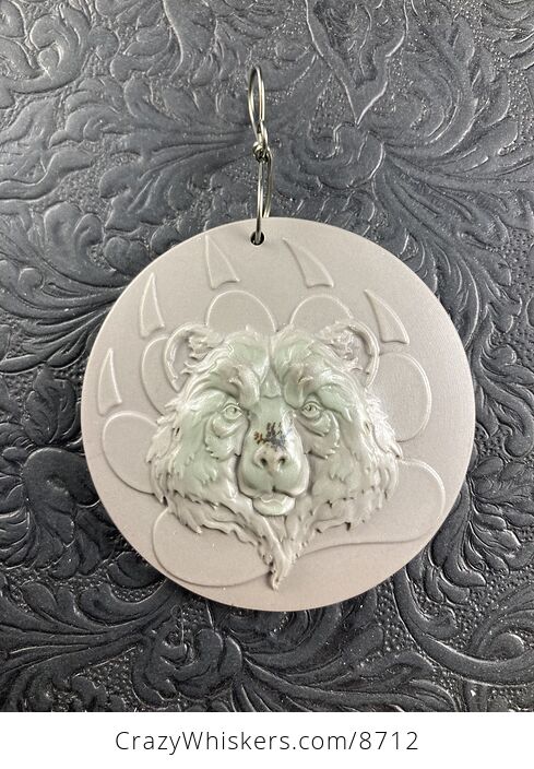 Bear and Paw Print Carved Ribbon Jasper Stone Pendant Jewelry Mini Art Ornament - #N460Hxk9HWw-1