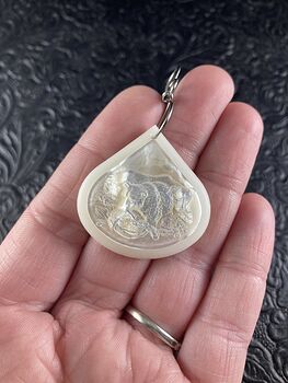 Bear Fishing in a River Carved Mother of Pearl Shell on White Jade Stone Pendant Jewelry Ornament Mini Art #OifEWQn6ks8
