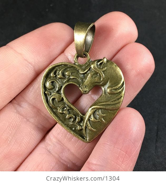 Beautiful Floral and Horse Head Bronze Toned Heart Pendant Necklace - #EEtj0xl2YXc-1