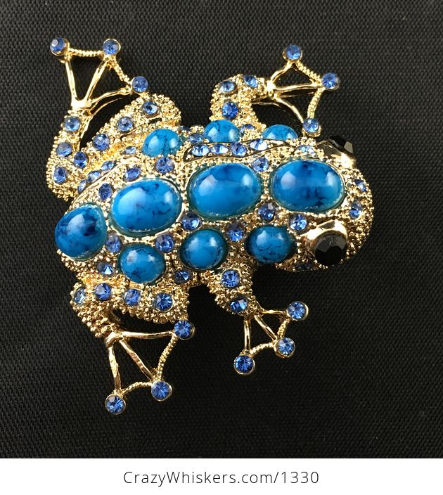 Beautiful Gold Tone Frog Brooch Pin with Blue Stones and Rinestones - #r5PMwEDgQgc-2