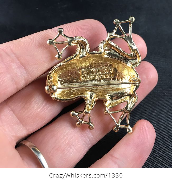 Beautiful Gold Tone Frog Brooch Pin with Blue Stones and Rinestones - #r5PMwEDgQgc-4