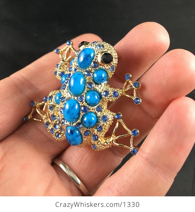 Beautiful Gold Tone Frog Brooch Pin with Blue Stones and Rinestones - #r5PMwEDgQgc-3