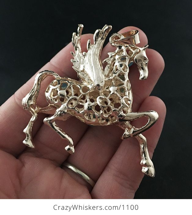 Beautiful Pegasus Winged Horse Pendant with Crystal Rhinestones and Synthetic Colorful Cats Eye Stones on Gold Tone - #QYXYMRes0j0-2