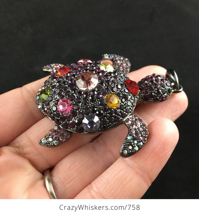 Beautiful Sea Turtle Pendant in Purple Tone Adorned with Colorful Crystal Rhinestones on Gun Metal Black - #2GaeLoYPytw-2
