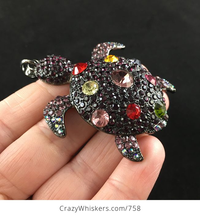 Beautiful Sea Turtle Pendant in Purple Tone Adorned with Colorful Crystal Rhinestones on Gun Metal Black - #2GaeLoYPytw-3