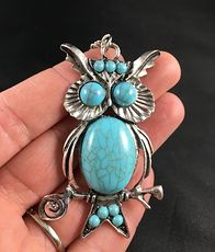 Beautiful Silvertone and Turquoise Perched Owl Pendant #h9uoOWJgBwo