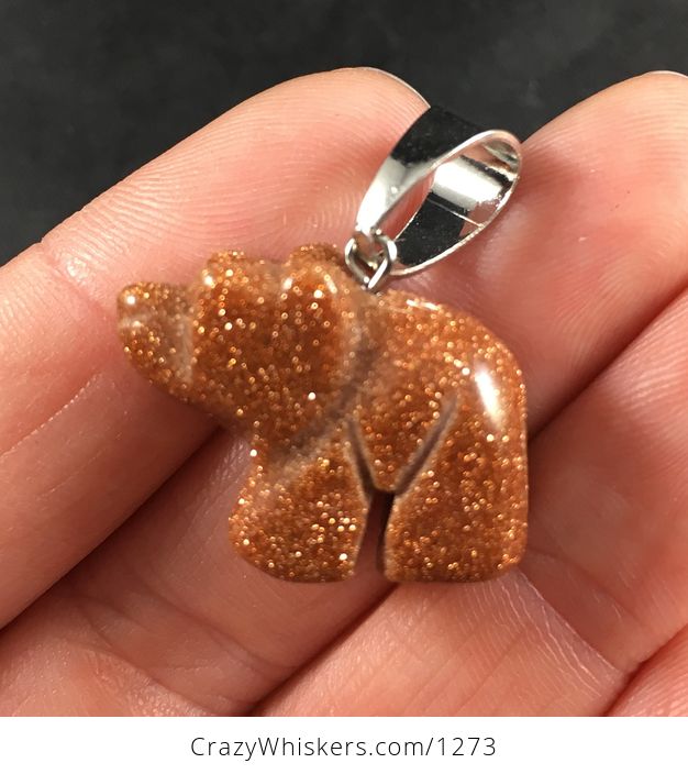 Beautiful Sparkly Carved Bear Shaped Orange and Gold Sand Stone Pendant Necklace - #JQbxZK7lZCo-2