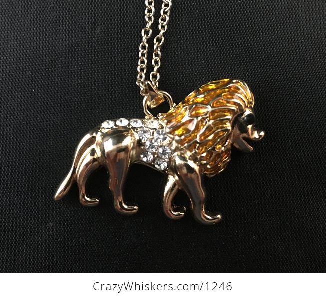 Beautiful Walking Male Lion Necklace Pendant in Gold Tone with Rhinestones - #I2KLfYOeNvA-3