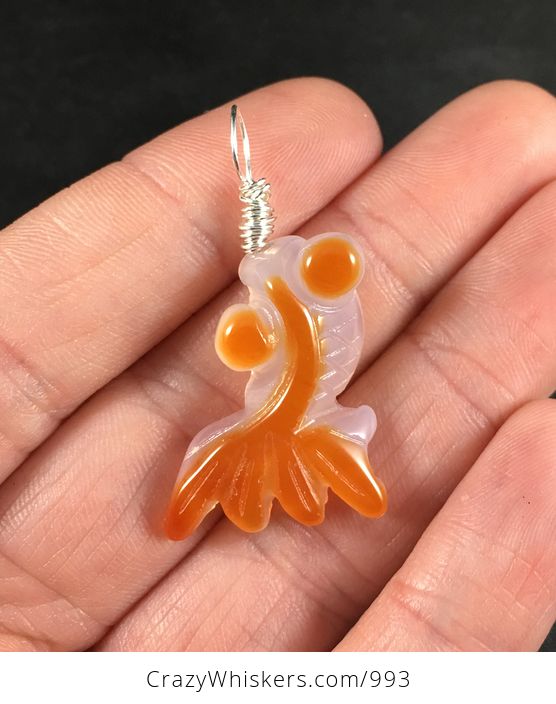 Beautiful White and Orange Carved Agate Gold Fish Pendant Necklace with Custom Wire Bail - #Tf4tPvXalPQ-1