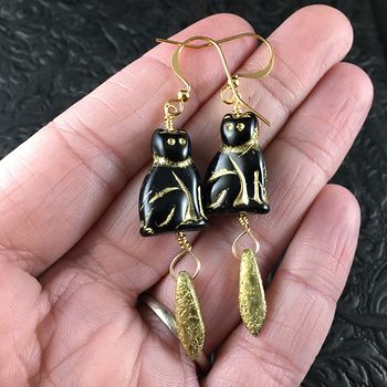 Black and Gold Glass Kitty Cat and Etched Gold Dagger Earrings #dYEXpBlEixg