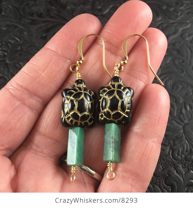 Black and Gold Turtles and African Jade Earrings with Gold Wire - #1D2SD56eQ1s-1