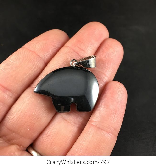 Black Carved Magnetic Hematite Stone Bear Pendant - #ZkYDSOvvdw4-1