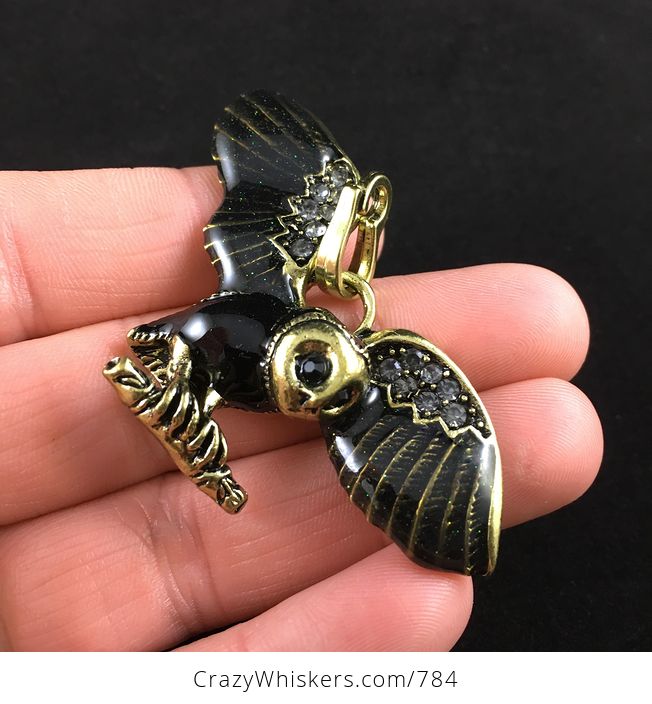 Black Enamel and Rhinestone Flying or Landing Owl Pendant - #ir8SSYmCm7I-2