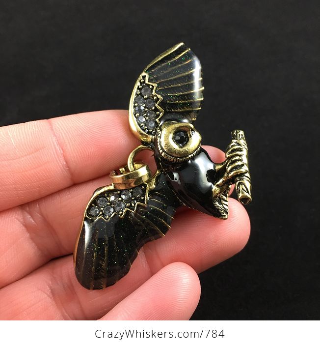 Black Enamel and Rhinestone Flying or Landing Owl Pendant - #ir8SSYmCm7I-3