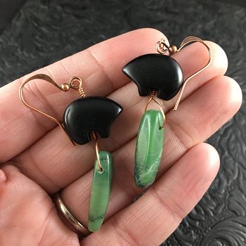 Black Magnesite Bear and Green Jasper Earrings with Copper Wire #PXzl0p3ikao