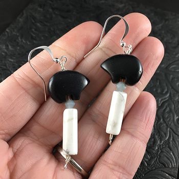 Black Magnesite Bear and White Howlite Earrings with Silver Wire #Xs8O4mXgcuw