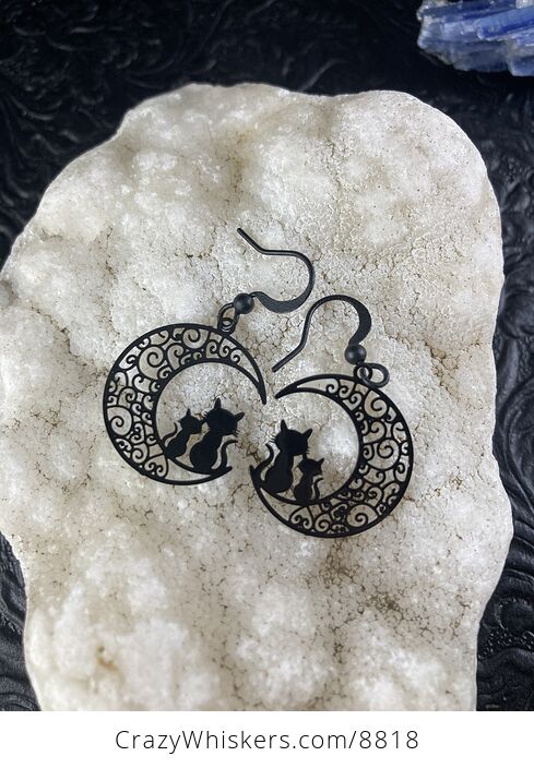 Black Metal Cats and Crescent Moon Earrings - #6VYP8qQC4j0-1