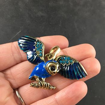 Blue Enamel and Rhinestone Flying or Landing Owl Jewelry Pendant #l1ZKIJM5K80