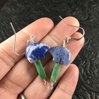 Blue Sodalite Bear and African Jade Earrings with Silver Wire #5oxadVft4Ng