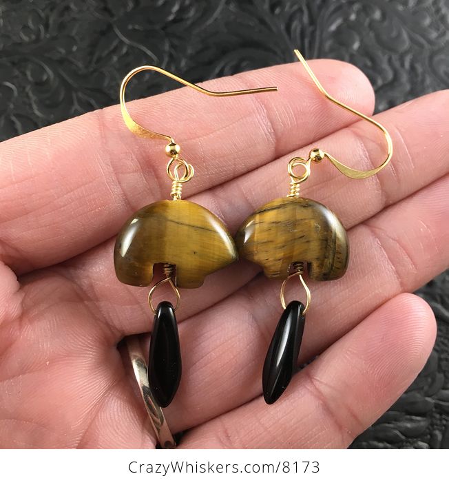 Brown Tiger Eye Bear and Black Dagger Earrings with Gold Wire - #cHJzIuVVRYU-1