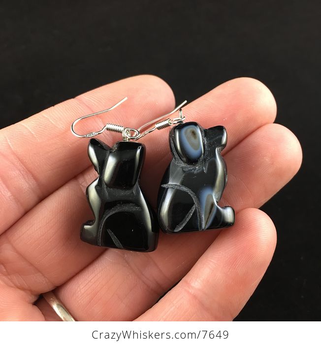 Carved Black Agate Sitting Dog Earrings - #hIM2S1oGi44-2