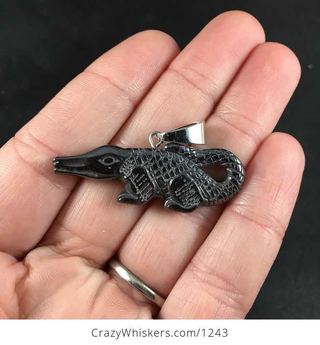 Carved Black Hematite Crocodile Alligator Pendant - #R5qlsZqvnA0-1