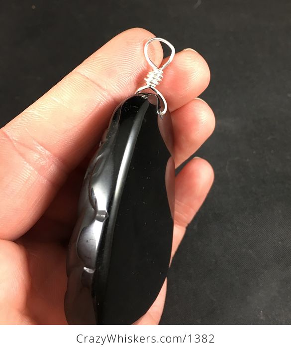 Carved Black Obsidian Jade Stone Mamma and Baby Panda and Bamboo Pendant with Silver Plated Wire Wrap Bail - #IjT4gmTQTrU-3