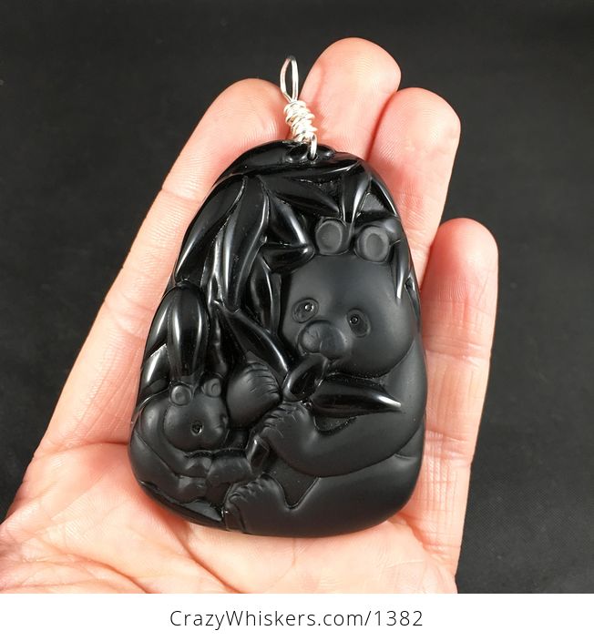 Carved Black Obsidian Jade Stone Mamma and Baby Panda and Bamboo Pendant with Silver Plated Wire Wrap Bail - #IjT4gmTQTrU-1
