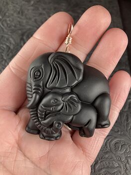 Carved Black Obsidian Mamma and Baby Elephant Stone Jewelry Pendant with Rose Gold Tone Bail #UbqzpZfjqjA