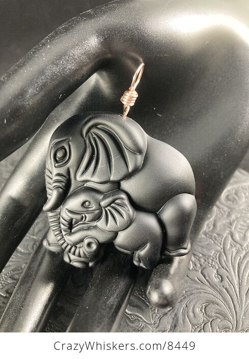 Carved Black Obsidian Mamma and Baby Elephant Stone Jewelry Pendant with Rose Gold Tone Bail - #UbqzpZfjqjA-6