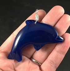 Carved Blue Stone Jumping Dolphin Pendant with Silver Plated Wire Wrap Bail #Zjapm01Tfac