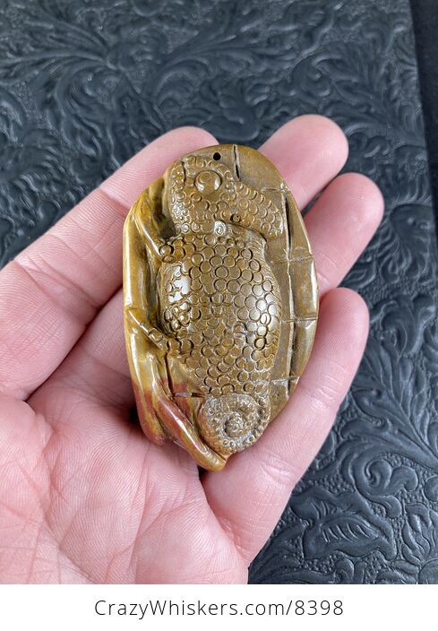 Carved Chameleon Lizard and Phoenix in Misty Mountain Jasper Stone Jewelry Pendant - #NnWurvHMJw0-1