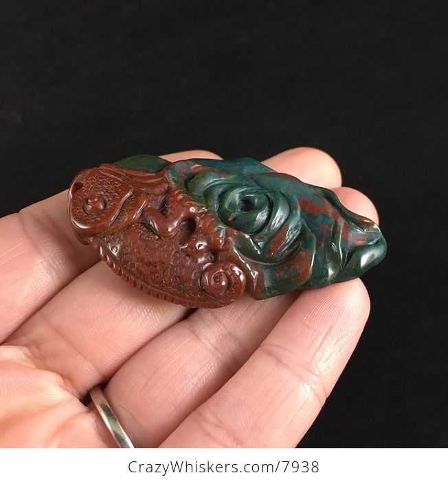 Carved Chameleon Lizard on a Rose in Indian Agate Stone Jewelry Pendant - #T20NaR3cJMI-5