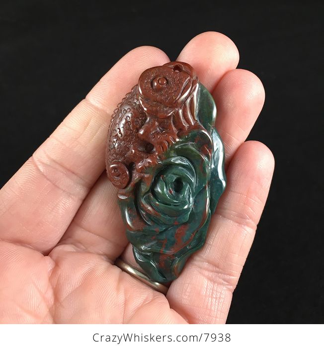 Carved Chameleon Lizard on a Rose in Indian Agate Stone Jewelry Pendant - #T20NaR3cJMI-1