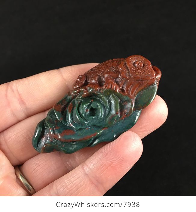 Carved Chameleon Lizard on a Rose in Indian Agate Stone Jewelry Pendant - #T20NaR3cJMI-3