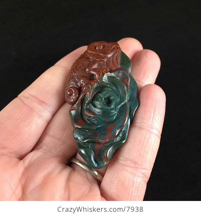 Carved Chameleon Lizard on a Rose in Indian Agate Stone Jewelry Pendant - #T20NaR3cJMI-2