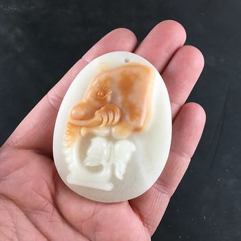 Carved Elephant Face White and Orange and Red Jasper Stone Jewelry Pendant #4JXNRNc2J5A