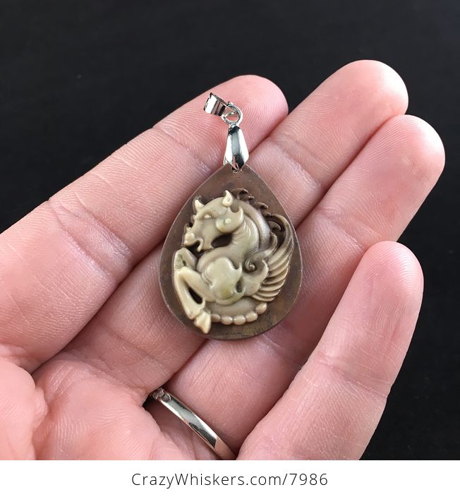 Carved Flying Pegasus Horse in Brown Ribbon Jasper Stone Jewelry Pendant - #WjK1IYC1zIY-1