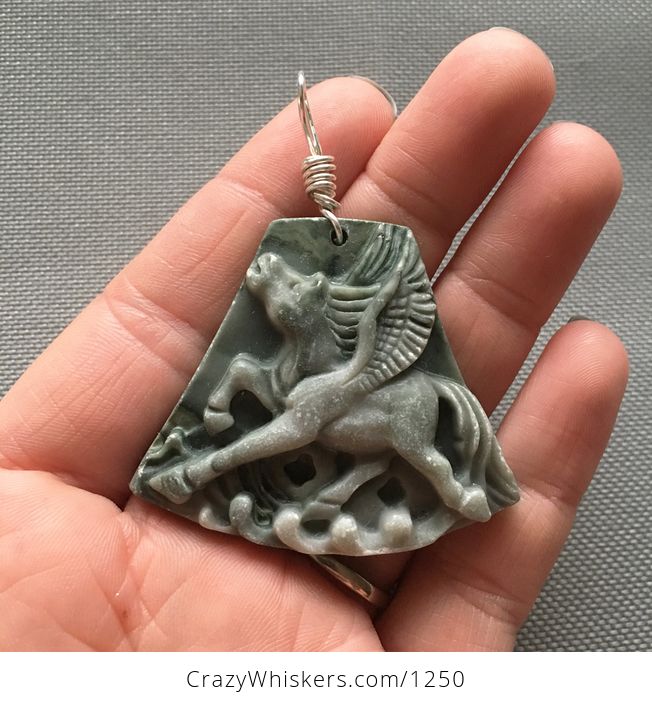 Carved Flying Winged Pegasus Horse Ribbon Jasper Stone Pendant with Wire Bail - #TMiVU7tnF10-1