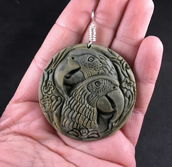 Carved Green Parrot Pair Ribbon Jasper Stone Pendant with Wire Bail #rtmRQgScRp0